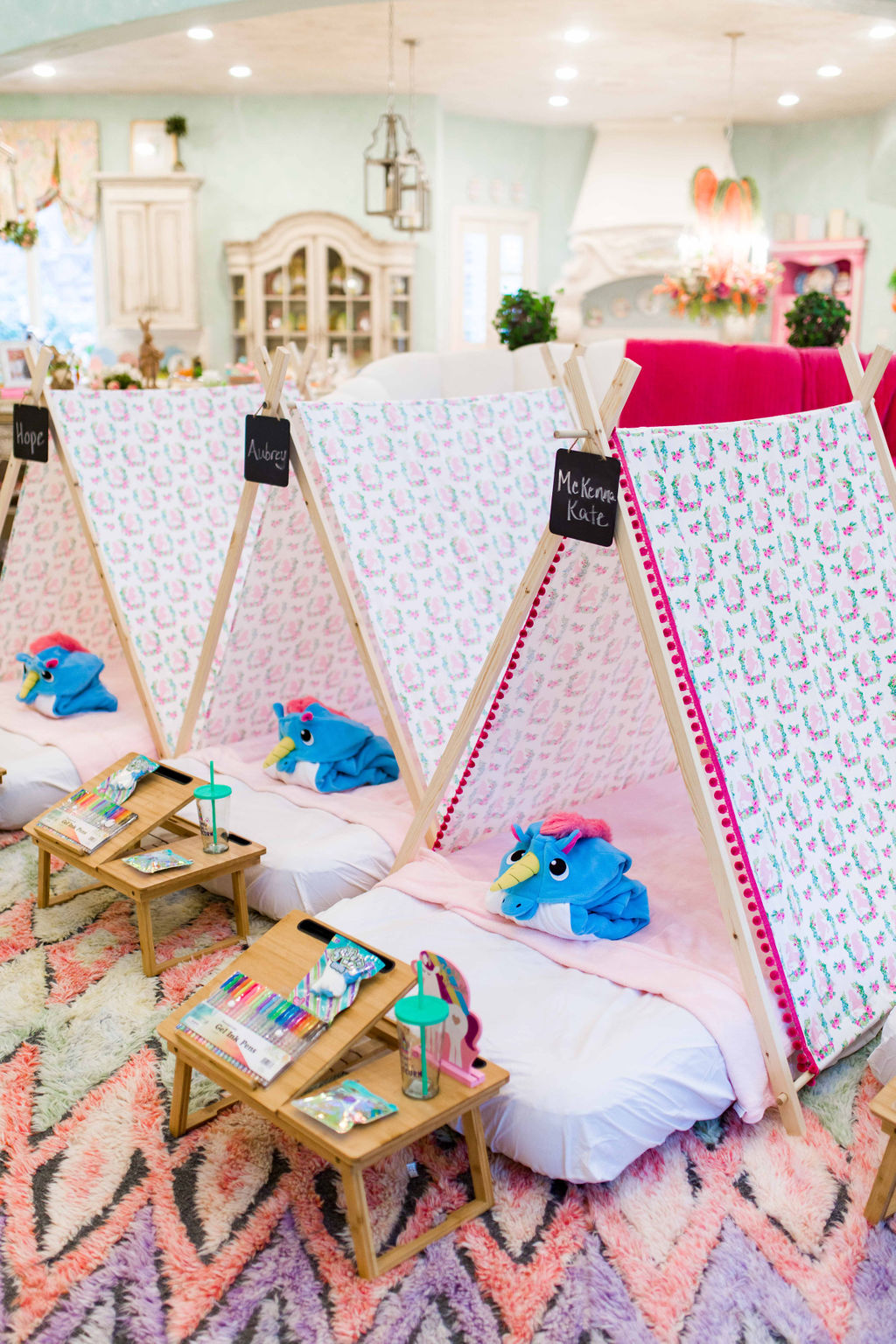 Turtle Creek Lane blog and interior decorator show how to do a unicorn birthday party with sleepover tents from Briarwood Design Co!